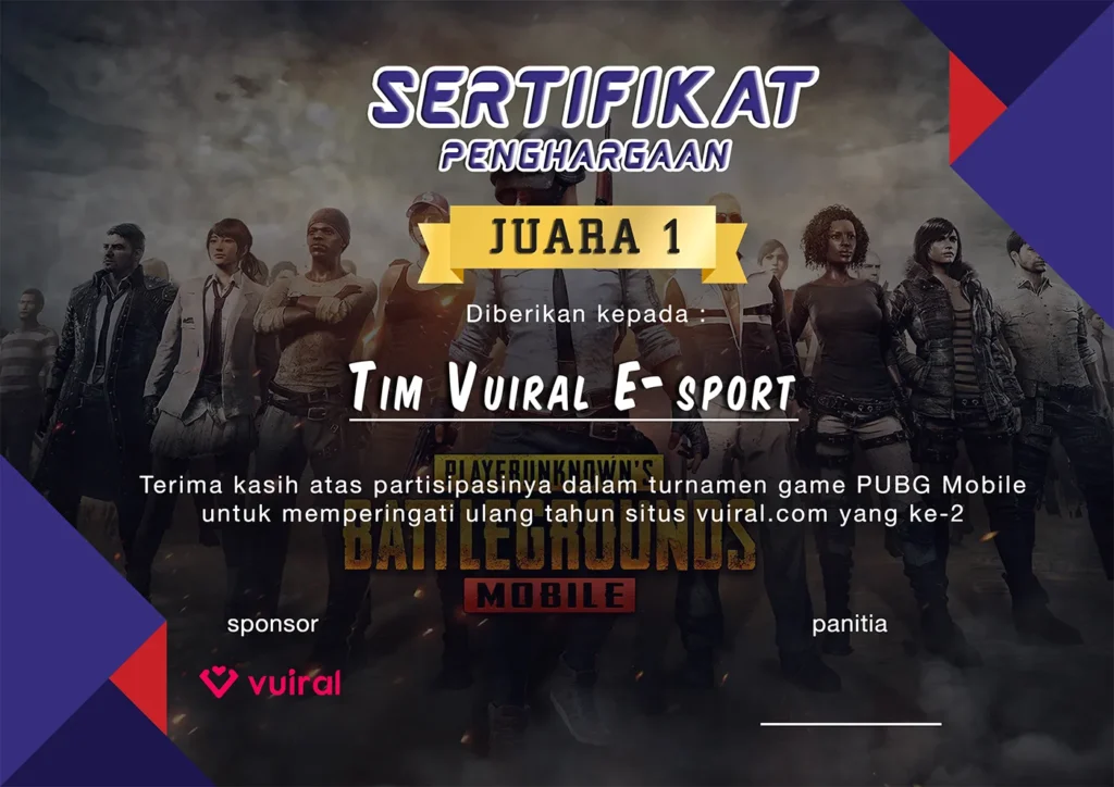 Download Mentahan Contoh Sertifikat Turnamen PUBG Mobile Keren