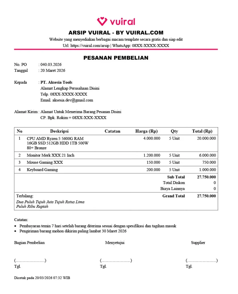 Contoh PO Barang Sederhana