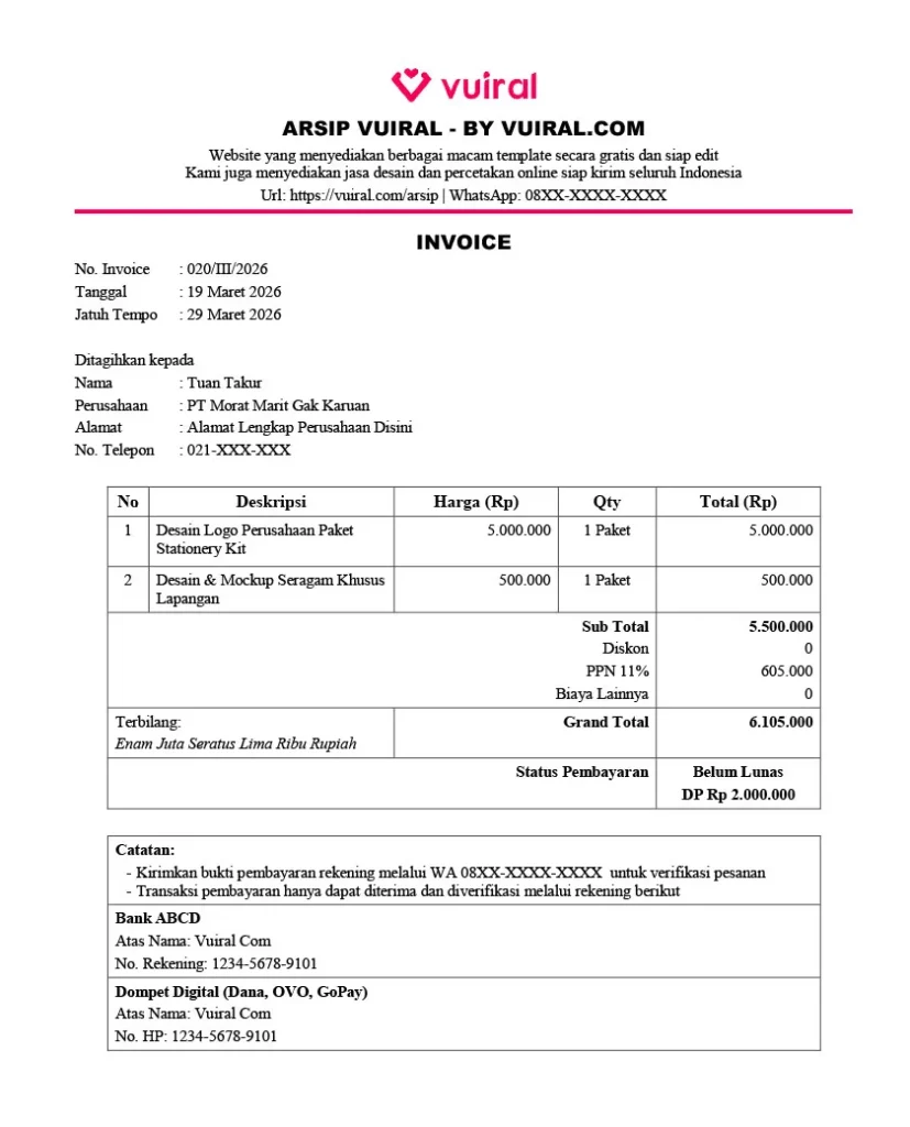 Download Contoh Invoice Tagihan Sederhana Untuk Perusahaan